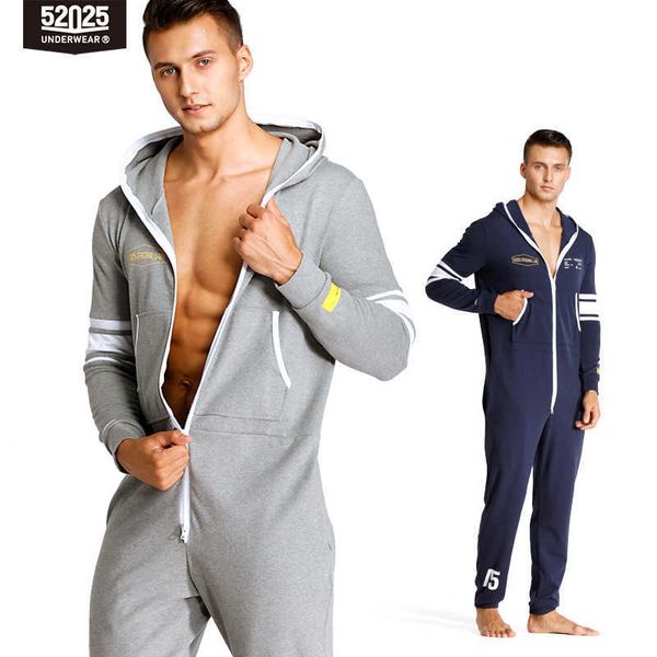 52025 Mens capuche combinaison une pièce pyjama pyjama coton homewear costume à capuche pyjama ensemble pour hommes onepiece lounge-onesie 210928