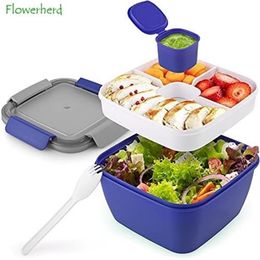 52oz Bento Box voor de lunch een gratis lekbestendig saladedressing container met slot herbruikbare spork 220727