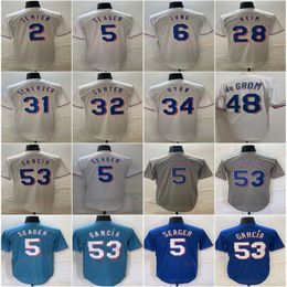 53 Adolis García 6 Josh Jung Camisetas de béisbol 2 Marcus Semien 5 Corey Seager 28 Jonah Heim 31 Max Scherzer 34 Nolan Ryan Blanco Azul Gris cosido