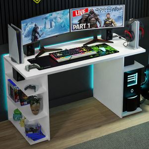 53 inch gaming computerbureau met planken, thuiskantoor bureau schrijven werkstation, hout - wit
