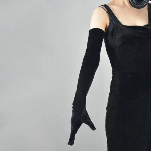 Gants de soirée longs en velours doré pour femmes, 53CM, chauds, noirs, automne-hiver