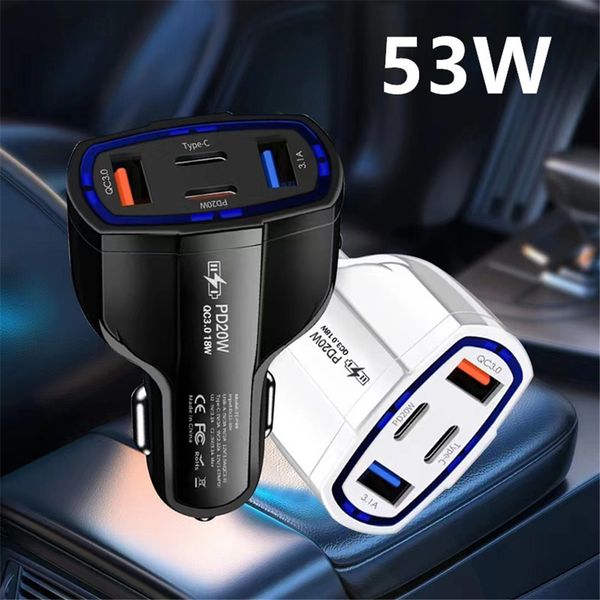 Adaptateur chargeur de voiture rapide 53W 4 ports TE-P49 PD 20W PD18W QC3.0 USB-C Type-C Charge 3.1A Charge rapide pour iPhone 15 14 13 12 11 Samsung S23 Ultra Xiaomi Téléphone portable OEM