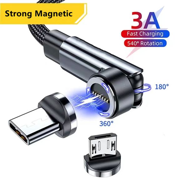 Câble magnétique rotatif à 540 degrés 3A, charge rapide, Micro USB Type C, pour Samsung S24, Xiaomi, Huawei, Android, chargeur magnétique, câble de téléphone