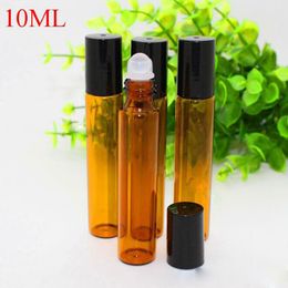 540 stks 10 ml glas etherische olie aromatherapie parfum lip balsems flessen met SS roller en zwarte deksels 1/3 oz bruin glazen roller flessen