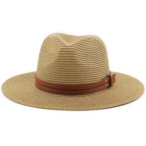 54575960cm Panama Natural Paille Soft Pail avec courroie marron Femmes Summer Men de la plage large plage Sun Cap UV Protection Fedora Hat240409
