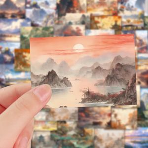 54 pièces belle peinture de paysage de style chinois paquet d'autocollants imperméables en PVC pour réfrigérateur voiture valise ordinateur portable tasse téléphone bureau vélo étui de planche à roulettes.