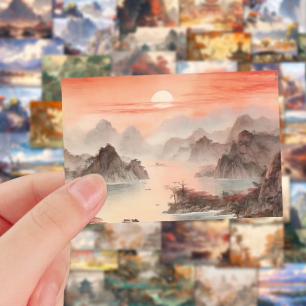 54 pièces belle peinture de paysage de style chinois paquet d'autocollants imperméables en PVC pour réfrigérateur voiture valise ordinateur portable tasse téléphone bureau vélo étui de planche à roulettes.