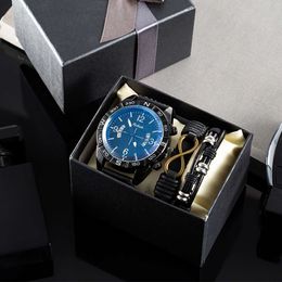 55 Business Hot Selling and Leisure Quartz Wristwatch Ensemble 3 pièces, boîte-cadeau, bracelet en cuir, montre de calendrier masculin