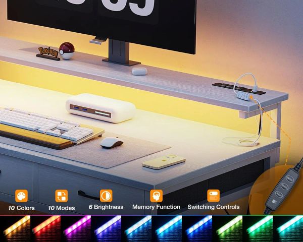 Bureau d'ordinateur de 55 pouces avec 3 tiroirs et prise de courant de charge USB, bureau de bureau avec lumière LED, bureau à domicile