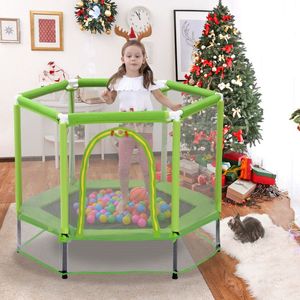 55'' Indoor Outdoor Kindertrampoline met veiligheidsnet, ballen en basketbalring, perfect voor peuters van 3-5 jaar en kinderen van 4-8 jaar
