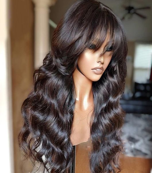 Perruque Lace Front wig sans colle brésilienne Remy, Body Wave, avec frange complète, 55 cuir chevelu, pour afro-américaine, 3452046