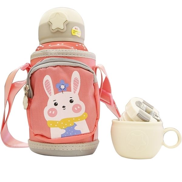 Taza termo de dibujos animados de 550ML para niños, termo de acero inoxidable con diseño de unicornio, botella de agua con pajita bonita portátil para niños con bolsa 211109