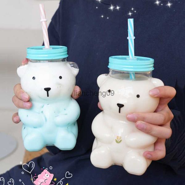 550ml Cute Cartoon Bear Sippy Cup Botella de agua de vidrio resistente al calor creativa con pajita Jugo Leche Niños Botellas de bebida transparentes L230620