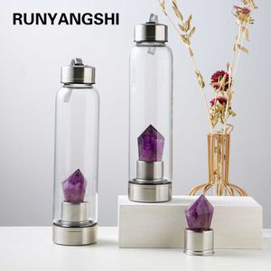 550 ml Nieuwe Product Natuurlijke Crystal Steen Waterfles Amethyst Towarts Glas Cup Genezing Obelisk Wand Elixir Quartz Y0910