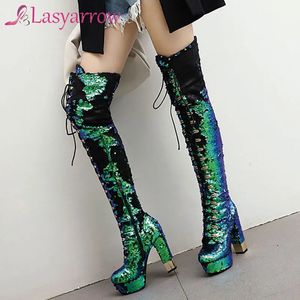 553 Lasyarrow lovertjes platform bling over de kniezijde ritssluiting rechte laarzen Stage schoenen Ultrahoge hak Sier 231219