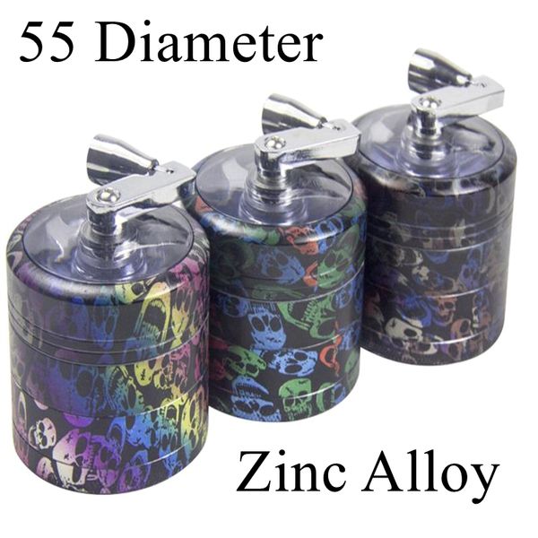 Accesorios para fumar de 55mm de diámetro exterior, molinillos de tabaco de aleación de Zinc con mango, 4 capas de hierbas que brillan en la noche para pipas de agua GR404