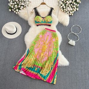 55Seaside Holiday Fashion Set Womens Lace Splice Bra Camisole Tweede stuk hoge taille geplooide rok zomer 230630
