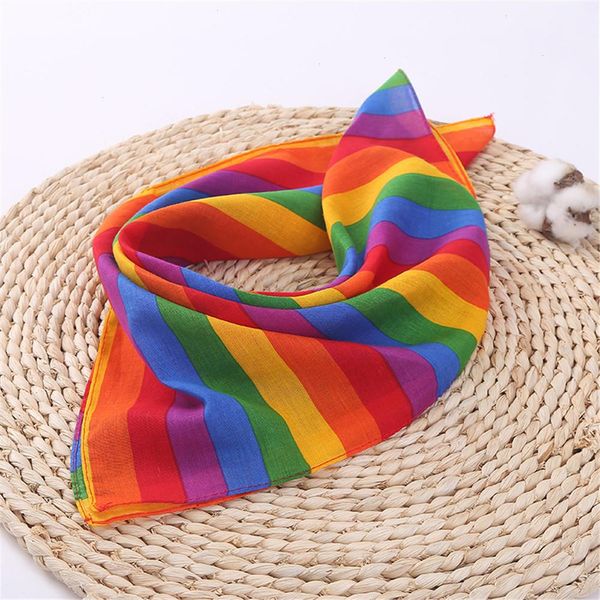 Écharpe arc-en-ciel de Festival à rayures colorées, unisexe, en coton, bandeau carré de poche, Bandana, cravate de cou, 55x55cm