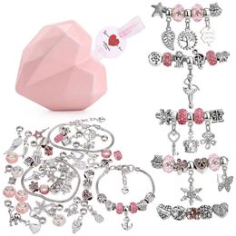 56/Set DIY Love Box Set Bedelarmband Maken Kit Beaded Silver Plated Snake Chain Cadeau voor meisjes en kinderen