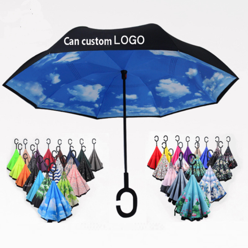 Folding Reverse C Shape Umbrella Double Layer Unisex Inverted Long Handle Windproof Rain Car Umbrellas Gifts Free DHL Ship HH7-1950