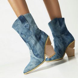 564 denim Western Fashion Automne Femmes Femmes High Heel Botkle Boots Slip on Winter Plance femme Chaussures Big Taille 42 43 230807 A