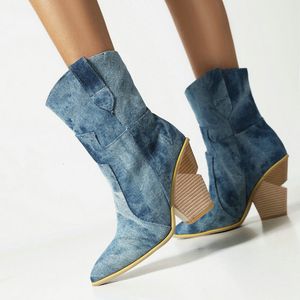 564 denim westerse mode herfst vrouwen wiggen hoge hiel enkellaarzen glijden op winter pluche vrouw schoenen big size 42 43 230807 a