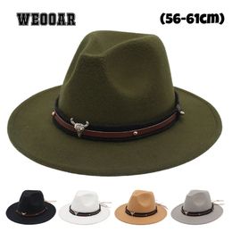 5661cm Classic Wide Brim Fedora Hat Femmes Men Men de feutre Bull Taureau Bull Jazz Ladies Country Sombreros de Mujer 240410