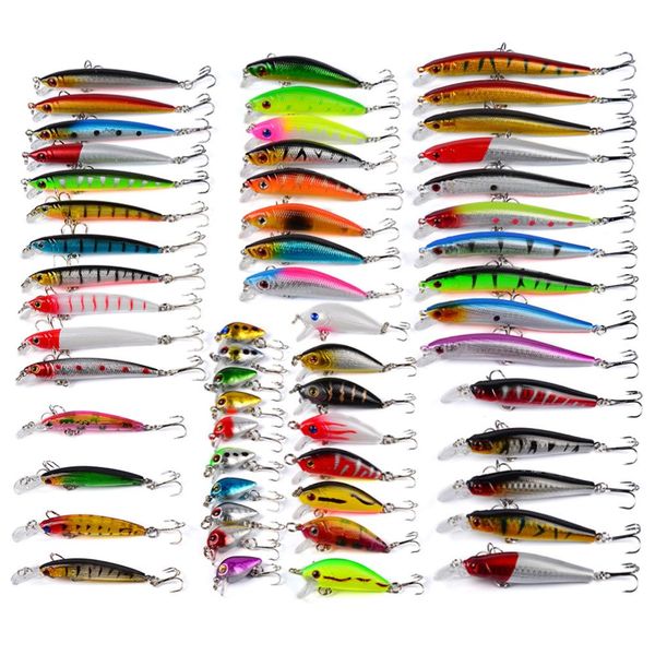 56 unids/lote Kit de Señuelos de Pesca mixtos que incluye Minnow CrankBait con anzuelos para agua salada trucha de agua dulce bajo salmón