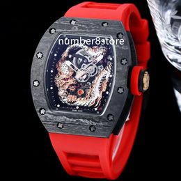 57-03 Chinois Dragon Mens Regarder Black Carbon Fiber Automatic Openwork Downwork Swiss Tonneau Wristwatch Sapphire Crystal Imperproof Oversize Sports Watches 3 Couleurs