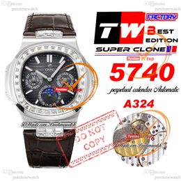 5740 eeuwigdurende kalender A324SC automatisch herenhorloge TWF diamanten bezel grijze textuur Stick wijzerplaat bruine lederen band Super Edition Reloj Hombre Puretimewatch PTPP