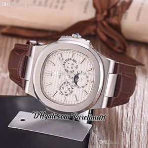 5740 calendrier perpétuel automatique phase de lune montre pour homme boîtier en acier cadran texturé blanc marqueurs de bâton bracelet en cuir marron montres Puretime01 E01i9