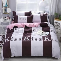 57 funda nórdica con diseño de rayas blancas y café, sábanas planas, funda de almohada, juego de cama doble King Queen, colcha suave 2010212956