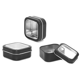 Caja de lata de metal de aluminio cuadrado negro de 58 * 58 * 25 mm latas de velas caja de latas de embalaje con ventana transparente