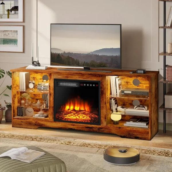 Postón de televisión de chimenea de 58 pulgadas para televisores de hasta 65 pulgadas consola con 18 '' chimenea eléctrica remota, entretenimiento moderno de madera