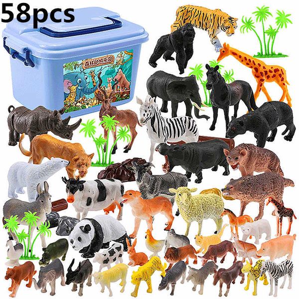 58 pièces véritable Jungle sauvage Zoo ferme série d'animaux modèle à collectionner enfants apprentissage précoce jouets cognitifs cadeaux-aléatoire