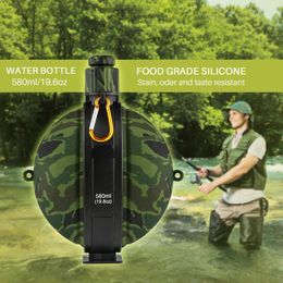 580 ml de botella de agua militar plegable FDA Food Grado de silicona Cantina hervidor de agua con tapa de botella de brújula para acampar para acampar