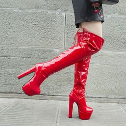 585 Rimocy La plataforma Mujeres sexy sobre la rodilla 17 cm tacones súper altos botas de cuero rojo botas largas mujer invierno zapatos negros 231124 446 Lear
