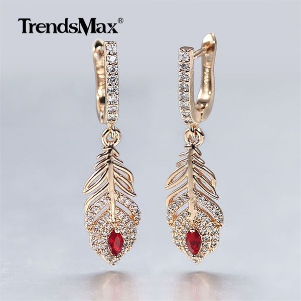 585 Or Rose Long Dangle Boucles D'oreilles Femmes Élégant Plume Fleur Rouge Pierre Cubique Zircon Boucles D'oreilles De Noce Bijoux GE297 210317