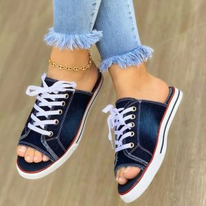 587 Pantoufles en toile Lace-up dames ouvertes à pied plat décontracté de mode Fashion Denim Beach 35-43 230520 269