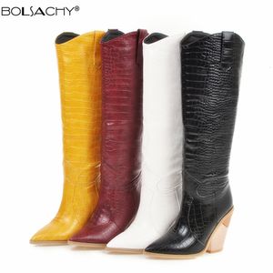 588 Mode High Knee Boots Western Cowboy Boats For Women Long Winter Pointed Toe Cowgirl Wedges Motorfiets Bootjes Geel rood 230807 A