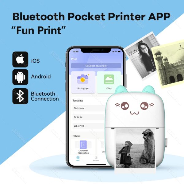 Imprimante Bluetooth mini-étiquette de 58 mm Imprimante de photo de poche intelligente pour les autocollants adhésifs de téléphone Imprimer les rouleaux de papier de couleur thermique