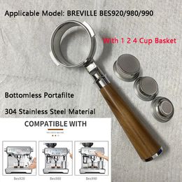 Porte-filtre sans fond de 58mm, avec panier de 1, 2 et 4 tasses, pour Breville BES920/980/990, poignée de café nue en acier inoxydable, outils Barista 240313