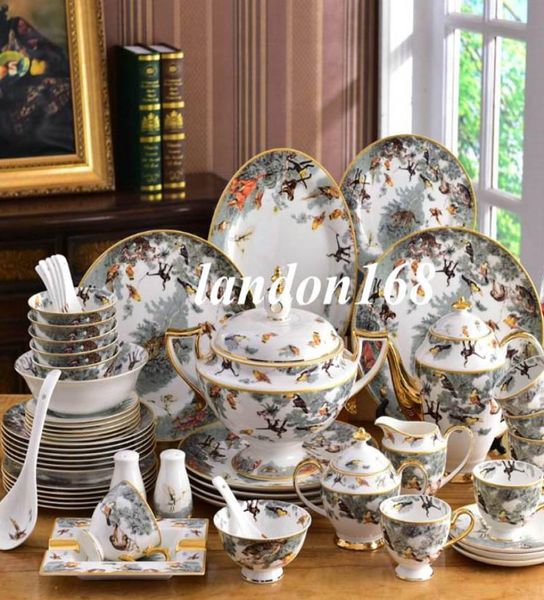 58pcs Affairs en céramique Assiets de dîner Coffee Set Os Chin Varelle Porcelaine Plaque Deep Pisc Bols Assiettes Bols Animal Design Animal Dîner 7165069