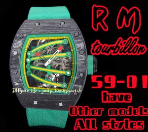 59-01 Reloj de lujo para hombre Tourbillon 51.10x 43.10 x 15.20mm, material de fibra de carbono TPT, movimiento Tourbillon de cadena manual, almacenamiento de energía 48 horas, verde negro