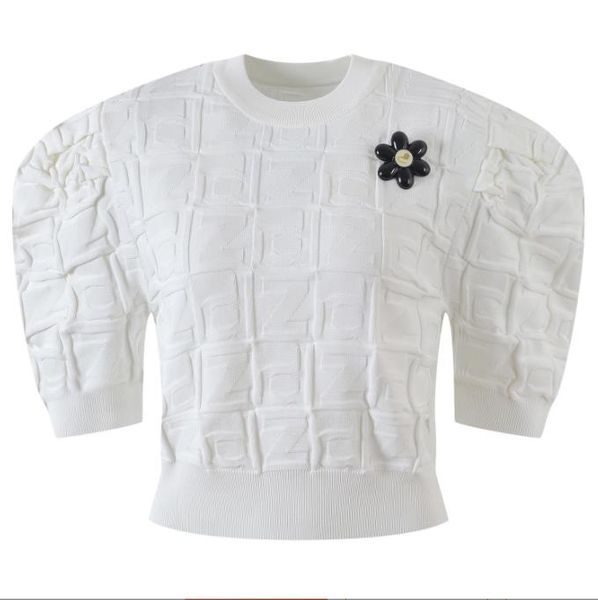 59 2022 Runway Summer Brand Mismo estilo Suéter Camiseta blanca Cuello redondo Blanco Negro Suéteres de manga corta para mujer yl