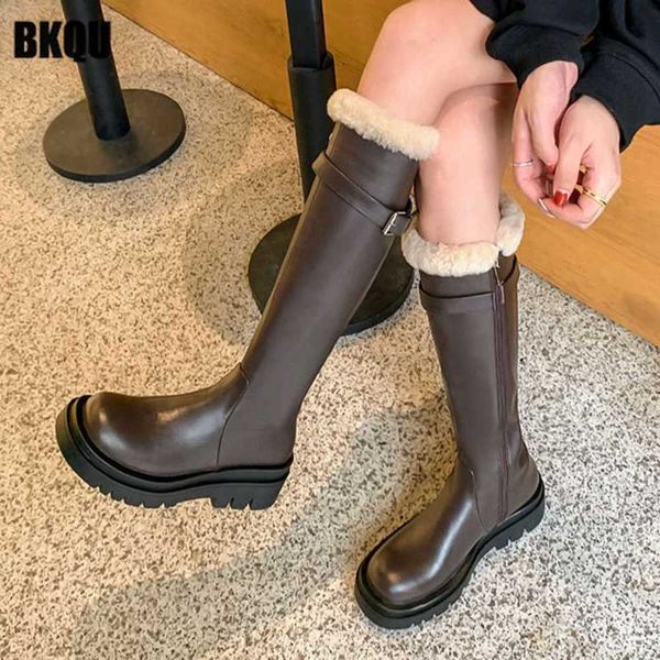 5A Botas Suela gruesa Invierno Mujeres Rodilla Alto Largo Nuevo Cálido Peludo Damas Corto Peluche Cremallera Cinturón Hebilla Plana Mujer Zapatos casuales Diario 221215