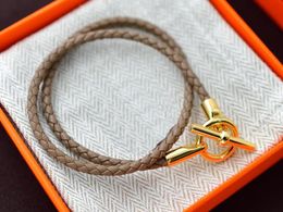 5A Bracelets porte-bonheur HM Bracelet long en cuir véritable en gris pour femme avec sac à poussière taille de boîte 16-21 Fendave