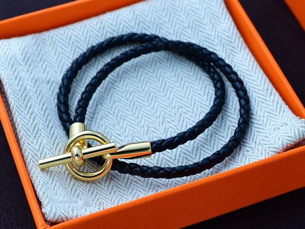 5A Bracelets porte-bonheur HM Bracelet long en cuir véritable en noir pour femme avec sac à poussière taille de boîte 16-21 Fendave
