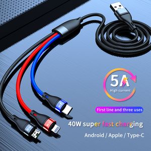 Cables de datos trenzados 3 en 1 de alta corriente 5A Carga súper rápida 40w Línea dividida Android Apple Tipo-C primera línea y tres usos iluminación de soporte extremo Con empaque
