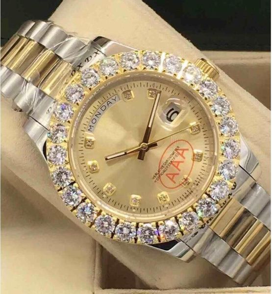 5A Iced Out Oro amarillo Hombres de lujo grandes Día-Fecha Presidente de acero inoxidable Presidente automático Negocios Rojo Reloj de diamantes para hombre Relojes de pulsera Relojes Esfera de 43 mm